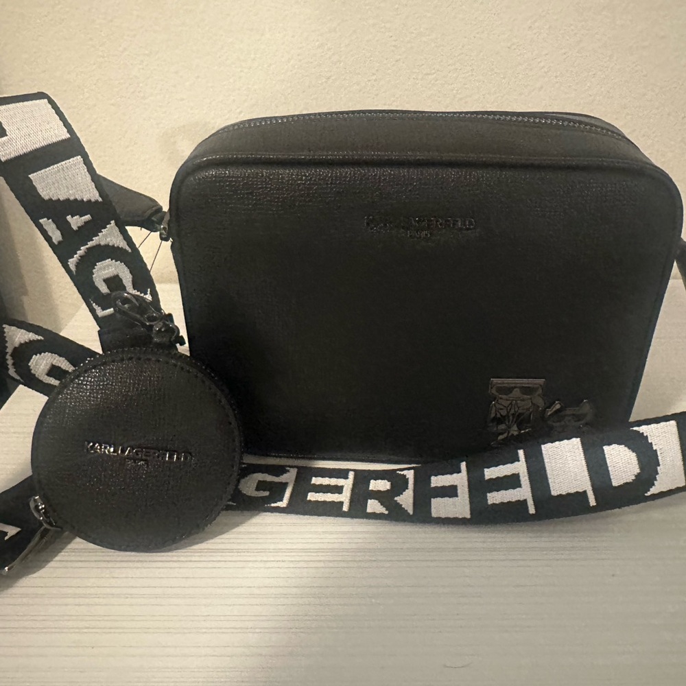 Karl Lagerfeld Black Leather Messenger Bag with Branded Black-and-White Strap